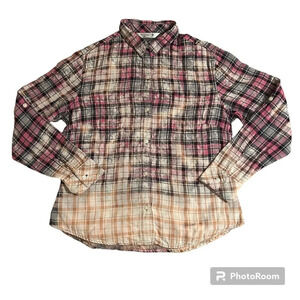 Women’s M Bleached Upcycled Long Sleeve Button Up Plaid Shirt One Of A Kind
